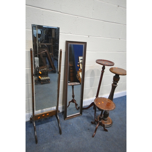 1370 - TWO HARDWOOD TORCHERE STANDS, a mahogany wine table, an oak cheval mirror, and a rectangular mirror ... 