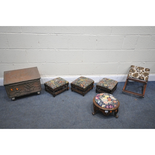 1372 - A VICTORIAN WALNUT FOOTSTOOL, on triple cabriole legs, along with three matching Edwardian footstool... 