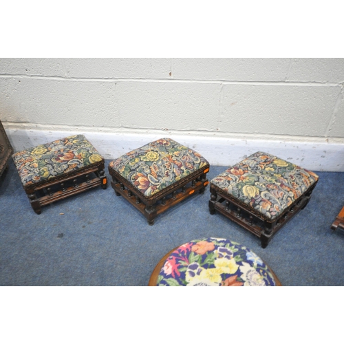 1372 - A VICTORIAN WALNUT FOOTSTOOL, on triple cabriole legs, along with three matching Edwardian footstool... 