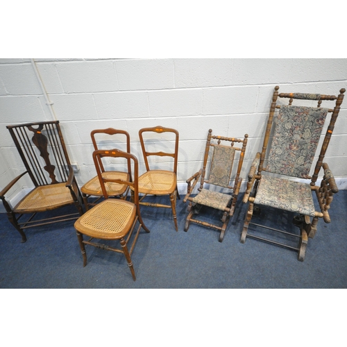 1373 - A EDWARDIAN BEECH AMERICAN ROCKING CHAIR, along with a similar child's American rocking chair, a set... 