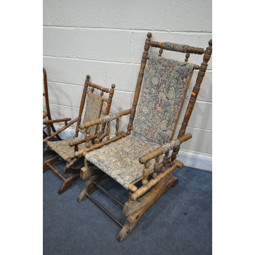 1373 - A EDWARDIAN BEECH AMERICAN ROCKING CHAIR, along with a similar child's American rocking chair, a set... 