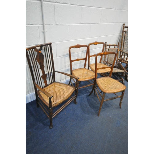 1373 - A EDWARDIAN BEECH AMERICAN ROCKING CHAIR, along with a similar child's American rocking chair, a set... 