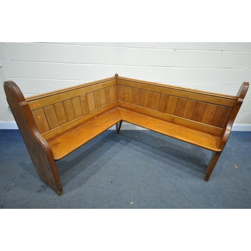 1377 - A PITCH PINE CORNER CHURCH PEW 157cm x 139cm x height 107cm (condition:- aged wear and tear)