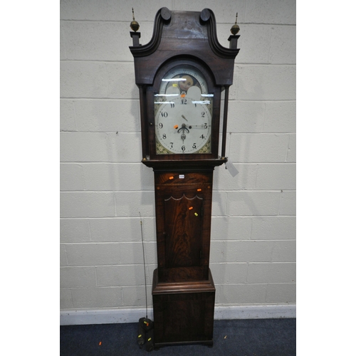 1378 - A GEORGIAN MAHOGANY 8 DAY LONG CASE CLOCK, the hood with brass finials over reeded pillars, flanking... 