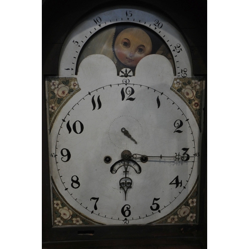 1378 - A GEORGIAN MAHOGANY 8 DAY LONG CASE CLOCK, the hood with brass finials over reeded pillars, flanking... 