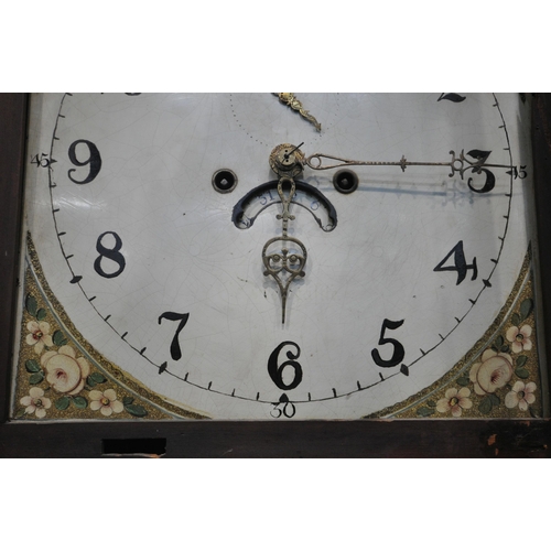 1378 - A GEORGIAN MAHOGANY 8 DAY LONG CASE CLOCK, the hood with brass finials over reeded pillars, flanking... 