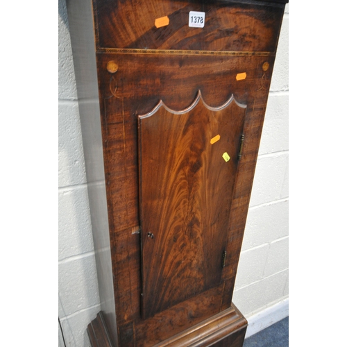 1378 - A GEORGIAN MAHOGANY 8 DAY LONG CASE CLOCK, the hood with brass finials over reeded pillars, flanking... 