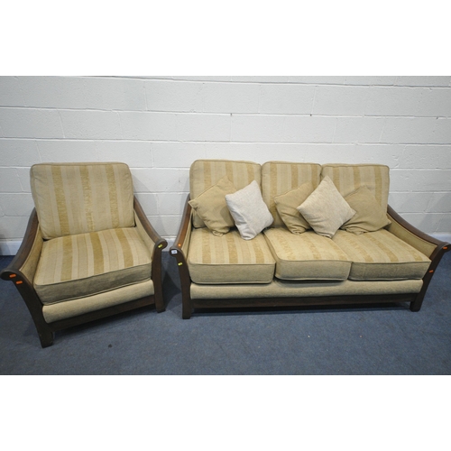 1381 - A MODERN ELM FRAMED AND GOLD UPHOLSTERED LOUNGE SUITE, comprising a three seater settee, length 190c... 