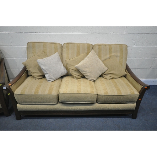 1381 - A MODERN ELM FRAMED AND GOLD UPHOLSTERED LOUNGE SUITE, comprising a three seater settee, length 190c... 