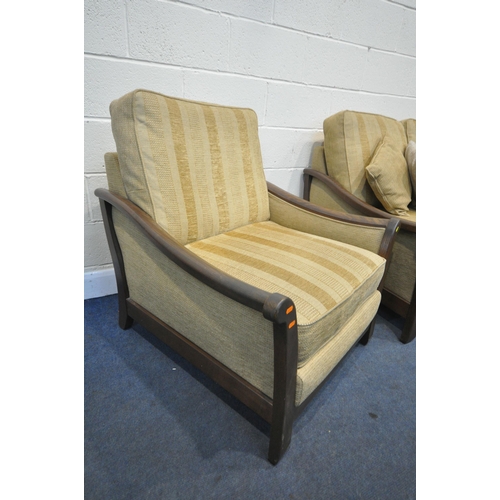 1381 - A MODERN ELM FRAMED AND GOLD UPHOLSTERED LOUNGE SUITE, comprising a three seater settee, length 190c... 