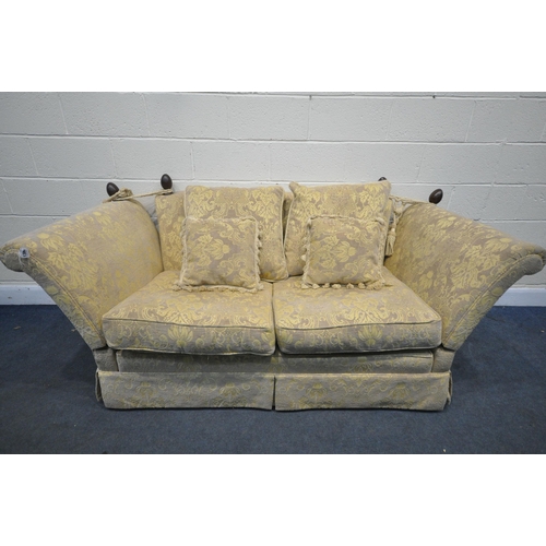 1386 - A KNOWLE GOLD UPHOLSTERED SOFA, with scatter cushions, length 196cm x depth 94cm x 76cm