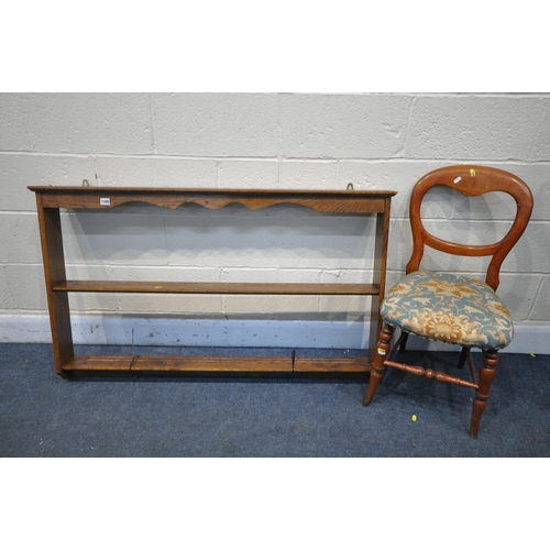 1389 - A OAK WALL MOUNTED SHELF width 127cm x height 76cm, along with a balloon back chair (2)