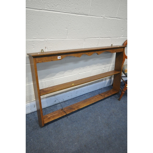 1389 - A OAK WALL MOUNTED SHELF width 127cm x height 76cm, along with a balloon back chair (2)