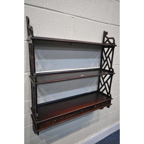 1390 - A LATE 20TH CENTURY WALL MOUNTED OPEN BOOKSHELVES, with three drawers width 77cm x height 90cm