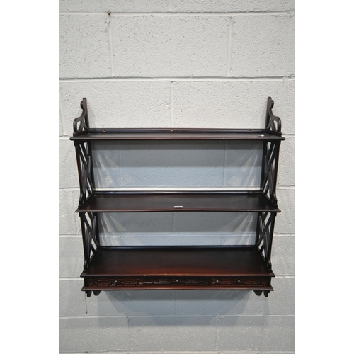 1390 - A LATE 20TH CENTURY WALL MOUNTED OPEN BOOKSHELVES, with three drawers width 77cm x height 90cm