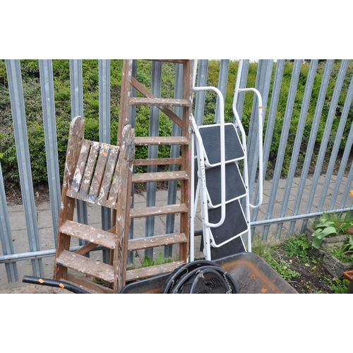 1008 - TWO SETS OF WOODEN LADDERS along with a pair of metal steps, wheelbarrow and three plastic hanging b... 