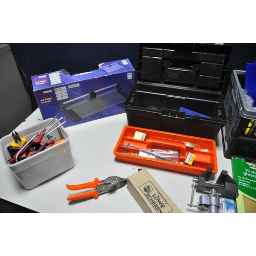 1052 - A TRAY AND TOOLBOX OF TOOLS to include sandpaper, tin snips, hammer, screws, nails, pins, Homebase a... 