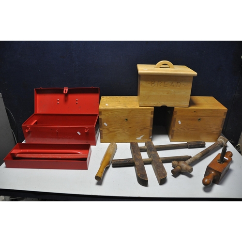 1057 - A SNAP ON TOOLBOX along with two oak boxes with hinged tops, a bread box with chopping board, antiqu... 