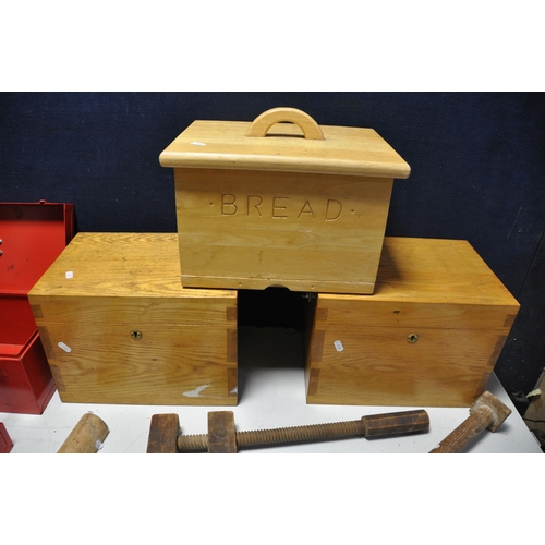 1057 - A SNAP ON TOOLBOX along with two oak boxes with hinged tops, a bread box with chopping board, antiqu... 