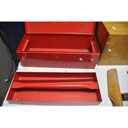 1057 - A SNAP ON TOOLBOX along with two oak boxes with hinged tops, a bread box with chopping board, antiqu... 