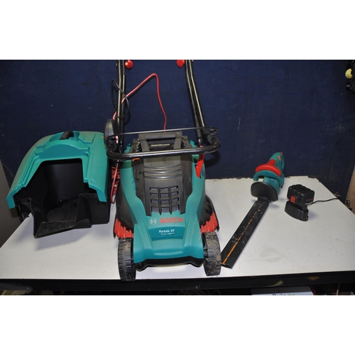 1088 - A BOSCH ROTAK37 LAWNMOWER with grass box along with a Bosch AHS-41ACCU cordless hedge trimmer (both ... 