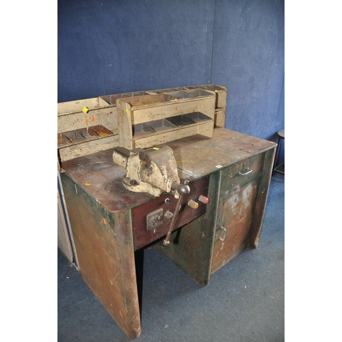 1091 - A METAL WORKBENCH with Record Steel No34 vice a single draw and under cupboard along with three meta... 