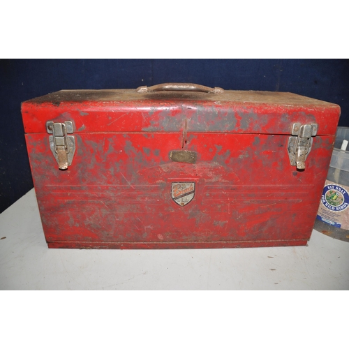 1112 - A METAL BEACH TOOLBOX with hinged top and fall front enclosing three drawers containing a small quan... 