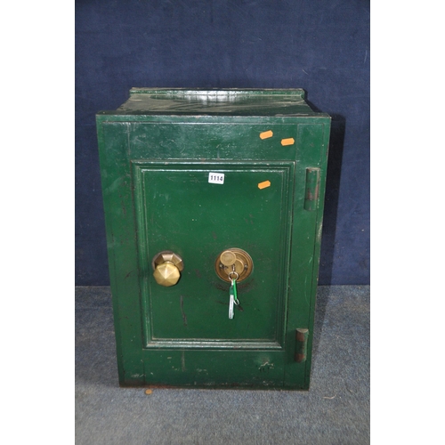 1114 - A LARGE UNBRANDED SAFE painted green with key, measuring width 47cm x depth 43cm x height 66cm