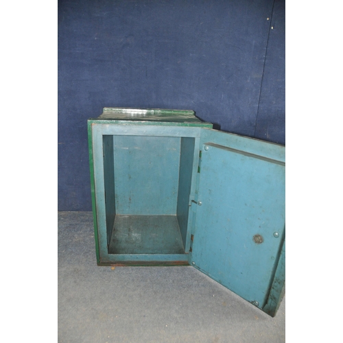 1114 - A LARGE UNBRANDED SAFE painted green with key, measuring width 47cm x depth 43cm x height 66cm