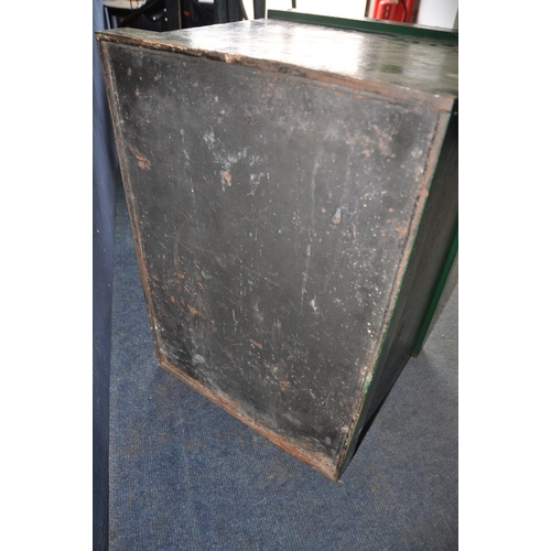 1114 - A LARGE UNBRANDED SAFE painted green with key, measuring width 47cm x depth 43cm x height 66cm