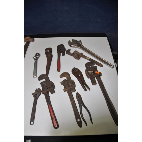 1119 - A COLLECTION OF VINTAGE SPANNERS to include six vintage stillsons of different sizes, four adjustabl... 