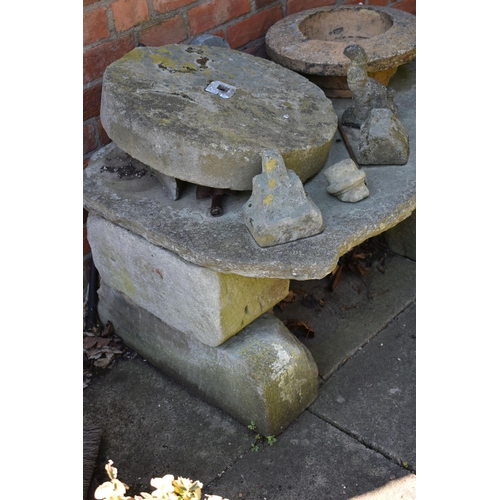 971 - A COLLECTION OF VINTAGE SANDSTONE BLOCKS AND PLATE FORMING A RUSTIC TABLE width 108cm depth 74cm hei... 