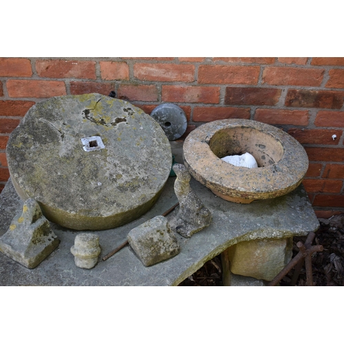 971 - A COLLECTION OF VINTAGE SANDSTONE BLOCKS AND PLATE FORMING A RUSTIC TABLE width 108cm depth 74cm hei... 