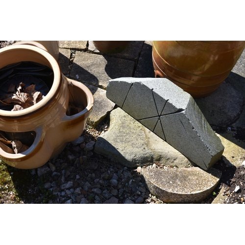 974 - TWO RHUBARB FORCERS, a ceramic barrel, a stoneware jar and a decorative granite plaque (5)( this lot... 