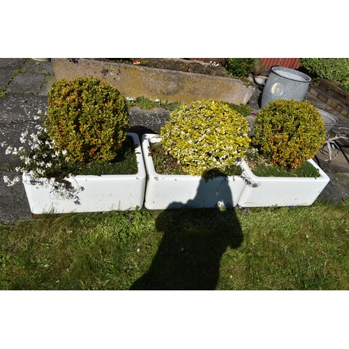 987 - THREE VINTAGE ENAMEL SINKS with soil and planting width 63cm depth 47cm height 27cm ( this lot is no... 