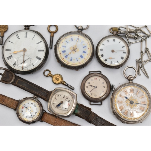 102 - ASSORTED SILVER AND WHITE METAL WATCHES, to include three open face silver pocket watches, hallmarke... 