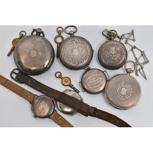 102 - ASSORTED SILVER AND WHITE METAL WATCHES, to include three open face silver pocket watches, hallmarke... 