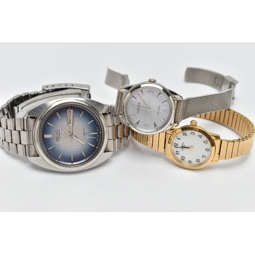 104 - THREE WRISTWATCHES, to include a ladys 'Citizen Eco Drive' wristwatch 871030066, a gents 'Seiko Auto... 