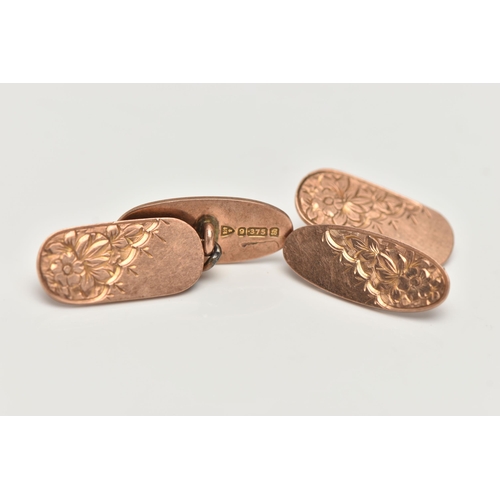 111 - A PAIR OF EARLY 20TH CENTURY, 9CT ROSE GOLD CUFFLINKS, each decorated with a floral pattern, hallmar... 