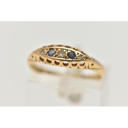 113 - AN EARLY 20TH CENTURY 18CT GOLD BOAT RING, set with three small diamonds interspaced with two circul... 