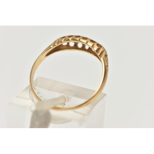 113 - AN EARLY 20TH CENTURY 18CT GOLD BOAT RING, set with three small diamonds interspaced with two circul... 