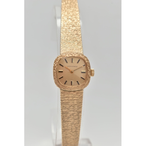 117 - A LADYS 9CT GOLD 'LONGINES' WRISTWATCH, manual wind, rounded square gold dial signed 'Longines', bla... 