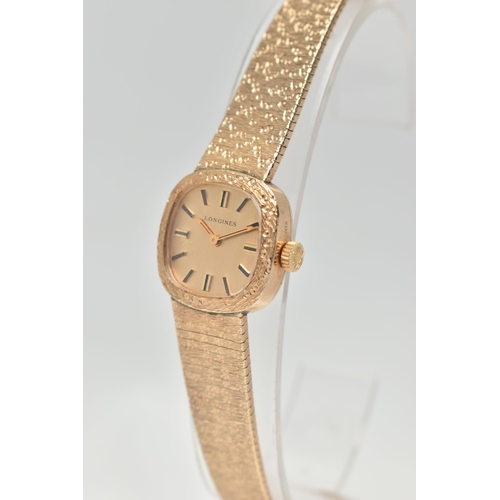 117 - A LADYS 9CT GOLD 'LONGINES' WRISTWATCH, manual wind, rounded square gold dial signed 'Longines', bla... 