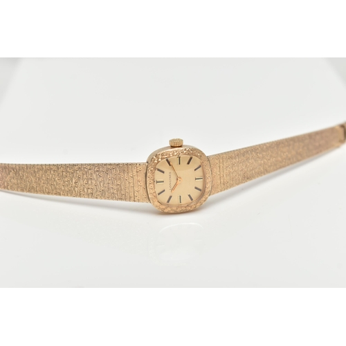 117 - A LADYS 9CT GOLD 'LONGINES' WRISTWATCH, manual wind, rounded square gold dial signed 'Longines', bla... 