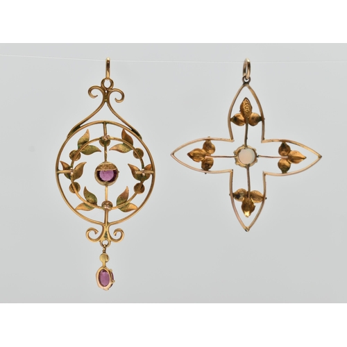 136 - TWO YELLOW METAL LAVALIER PENDANTS, the first of an openwork Maltese form, set with a central opal c... 