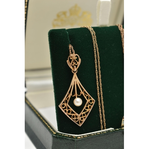 137 - TWO PENDANT NECKLACES, the first of an oval openwork form, set with cultured pearls, stamped 9ct, su... 