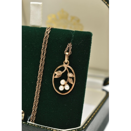 137 - TWO PENDANT NECKLACES, the first of an oval openwork form, set with cultured pearls, stamped 9ct, su... 