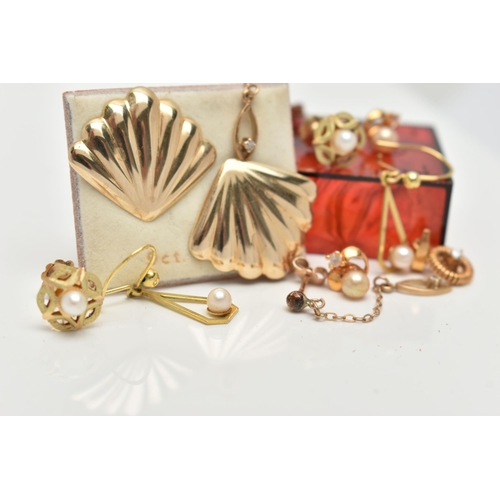 139 - A SELECTION OF EARRINGS AND A PENDANT, to include a pair of shell detailed earrings with post and sc... 