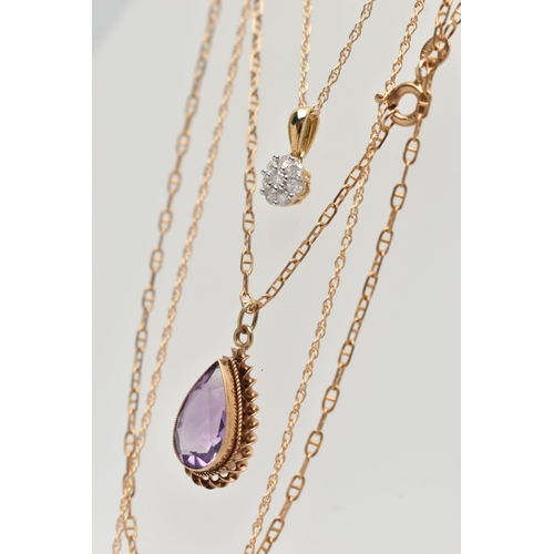 140 - TWO PENDANT NECKLACES, the first a pear cut amethyst pendant, milgrain collet set to a fine rope twi... 