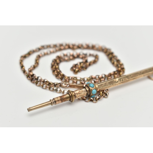 141 - A YELLOW METAL BELCHER CHAIN AND A GOLD PLATED PROPELLING PENCIL, the belcher chain fitted with a 9c... 